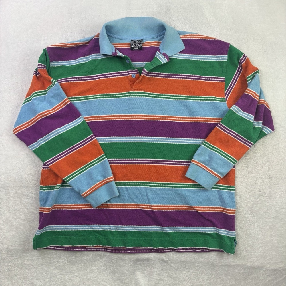 Y2K Royal Blue Striped Long Sleeve Collared Polo Shirt Men's 3XL